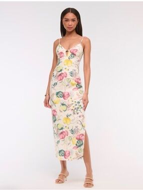 Abercrombie & Fitch Premium Linen Cut Out Midi Dress- Vegetable Print